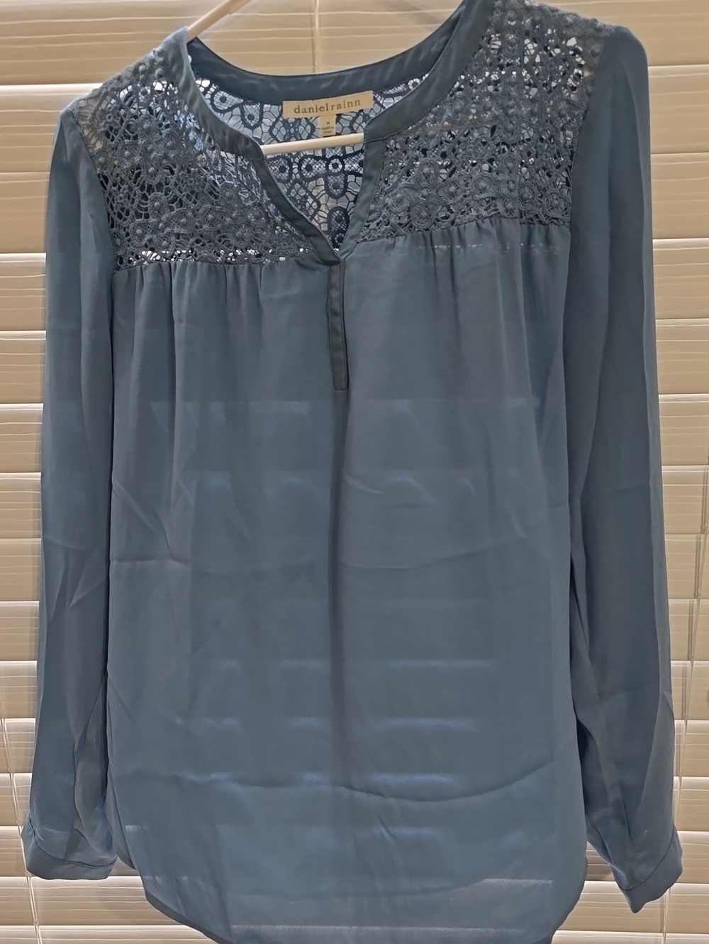 Daniel Rainn Slate Blue Lace Yoke Long Sleeve Blouse